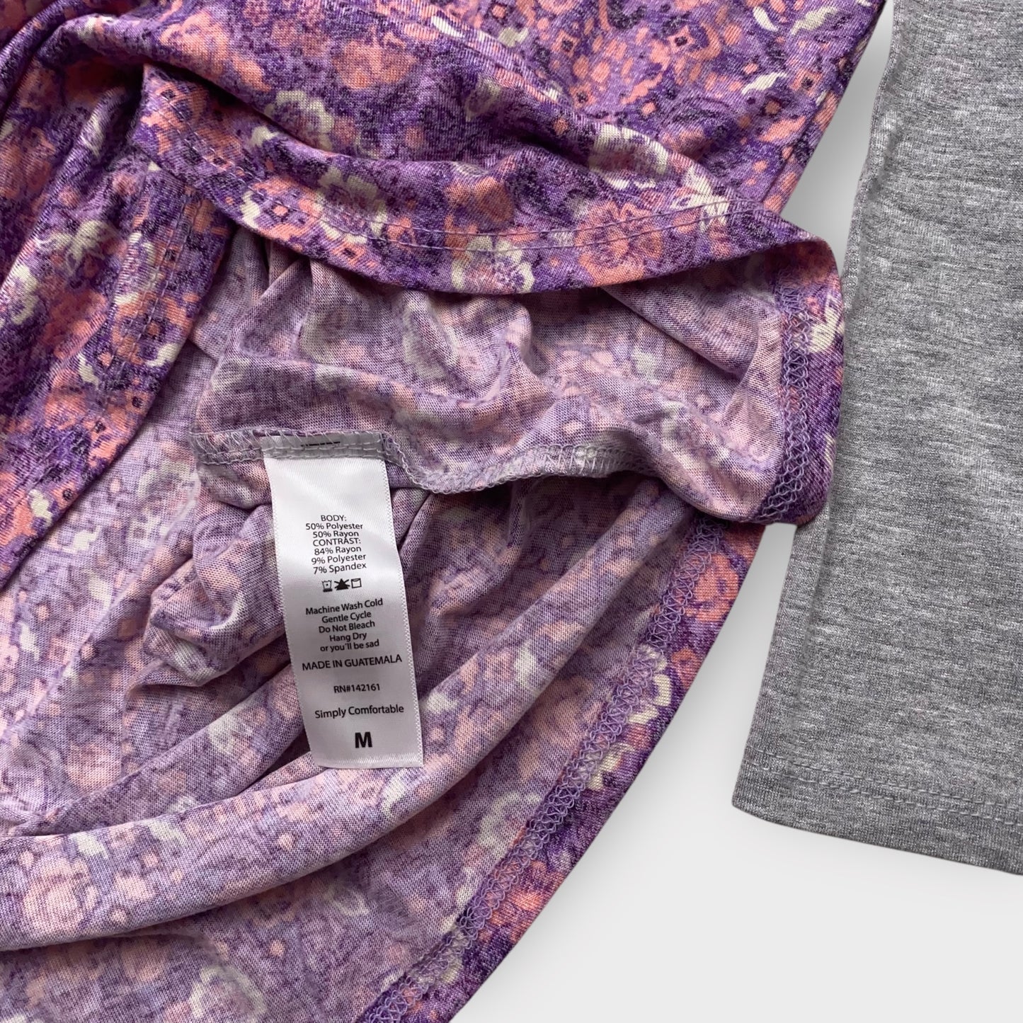 LuLaRoe Randy Baseball Tee - M (8-10) - Purple & Pink Floral Paisley Print - Heather Gray Sleeves