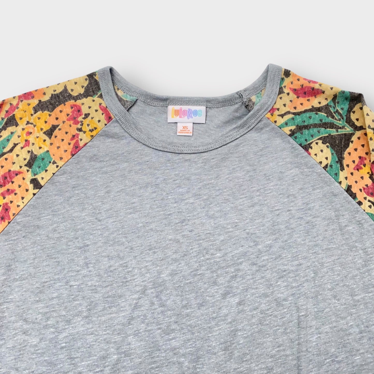 LuLaRoe Randy T-Shirt XS (0-2) - Heather Gray with Yellow/Orange Floral Sleeves - Soft Cotton Rayon Blend