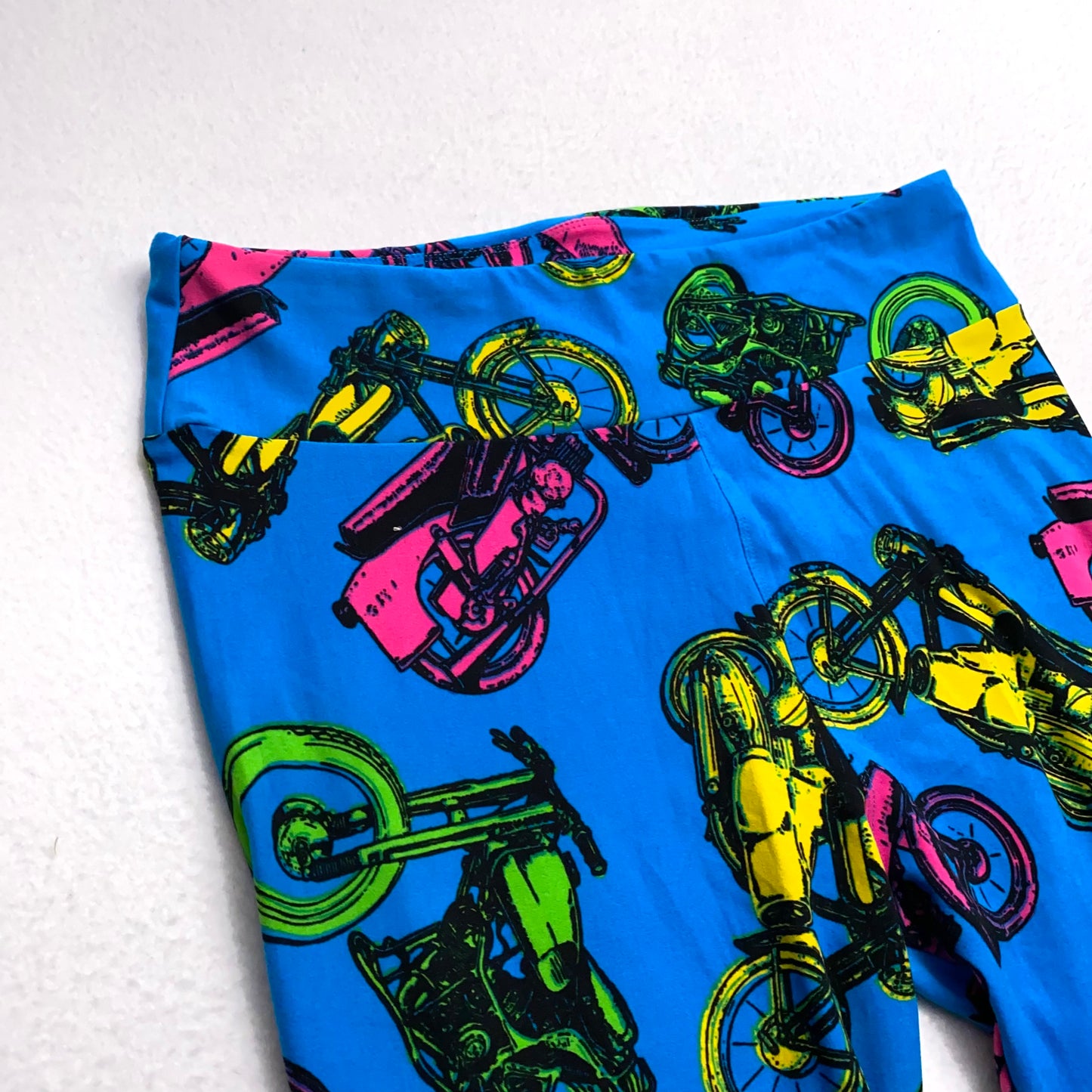 LuLaRoe Leggings | TC (12-18) | Blue/Yellow/Pink Motorcycle Print | New