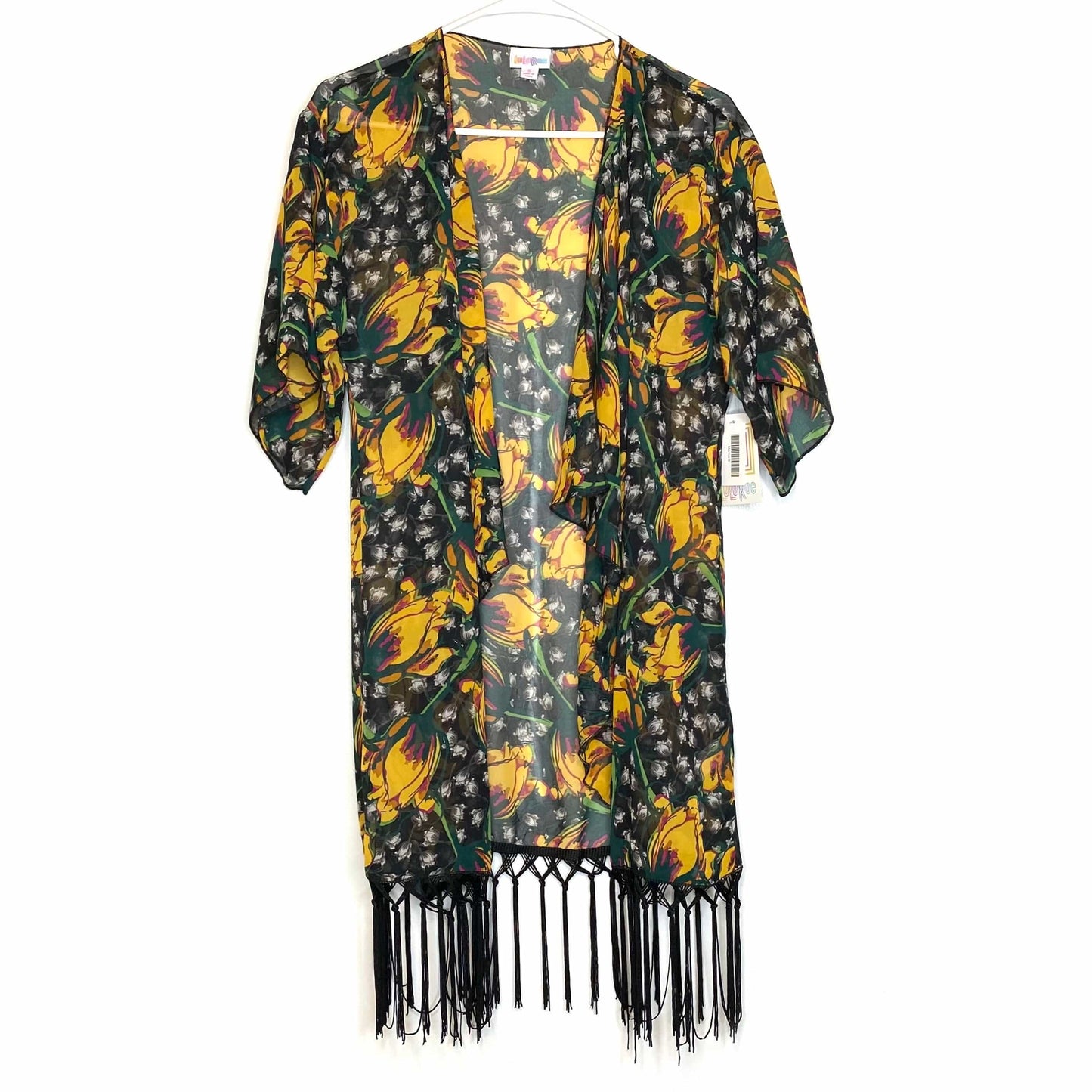 LuLaRoe Womens Size S (0-12) Yellow/Black Floral ‘Monroe’ Kimono Fringe Cover-Up NWT