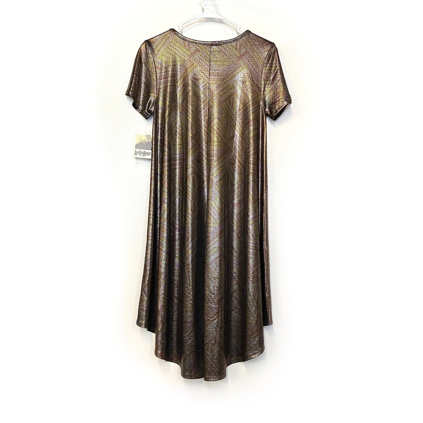 LuLaRoe Womens XS Purple/Silver/Gold Metallic ELEGANT 'Carly' S/s Swing Dress NWT