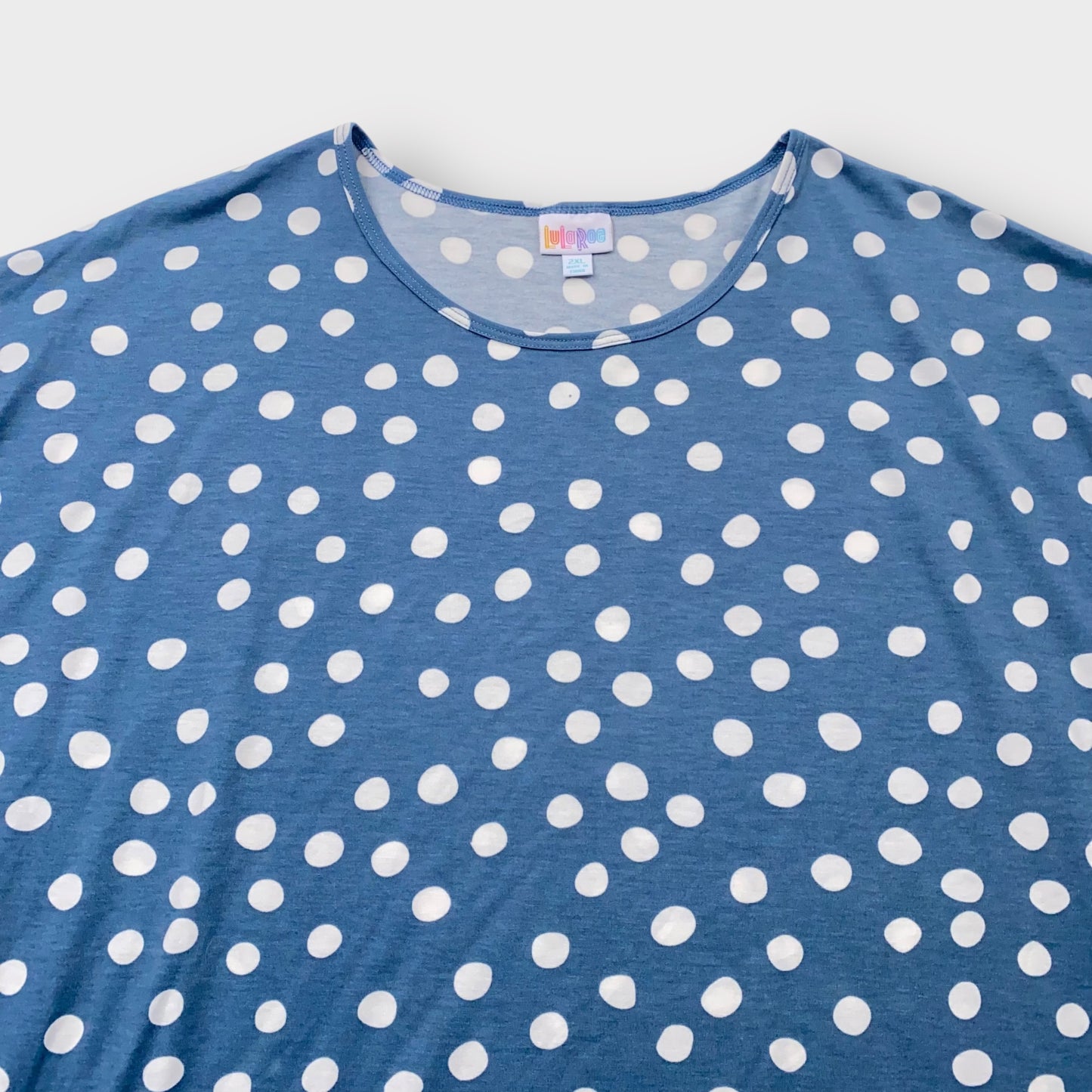 LuLaRoe Irma Tunic Top - Dusty Blue with White Polka Dot Print - 2XL (20-22) - Soft Stretch Polyester Spandex - High-Low Hem