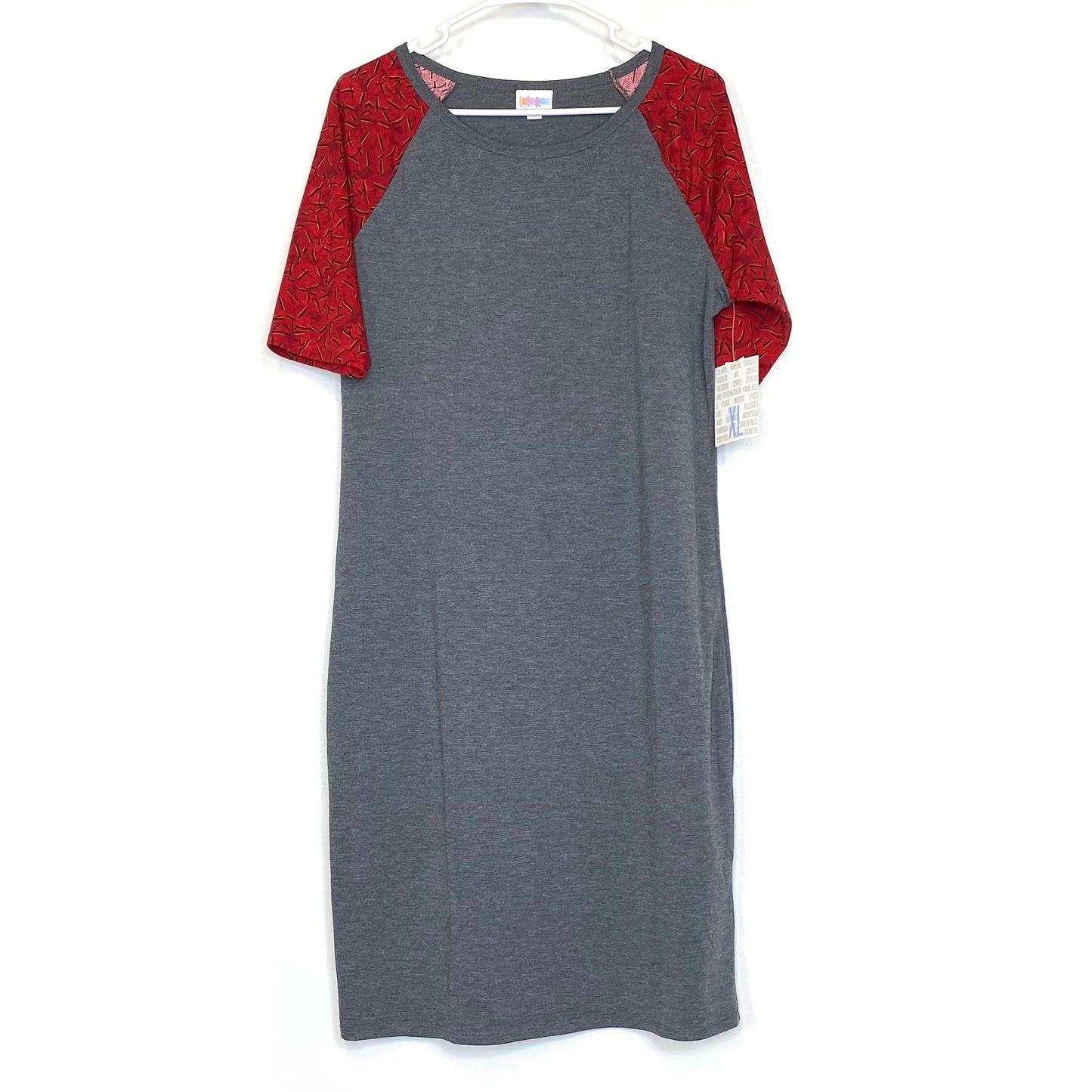 LuLaRoe Womens XL Red/Orange/Gray Ribbon Julia Shift Dress Scoop Neck ½ Sleeves NWT
