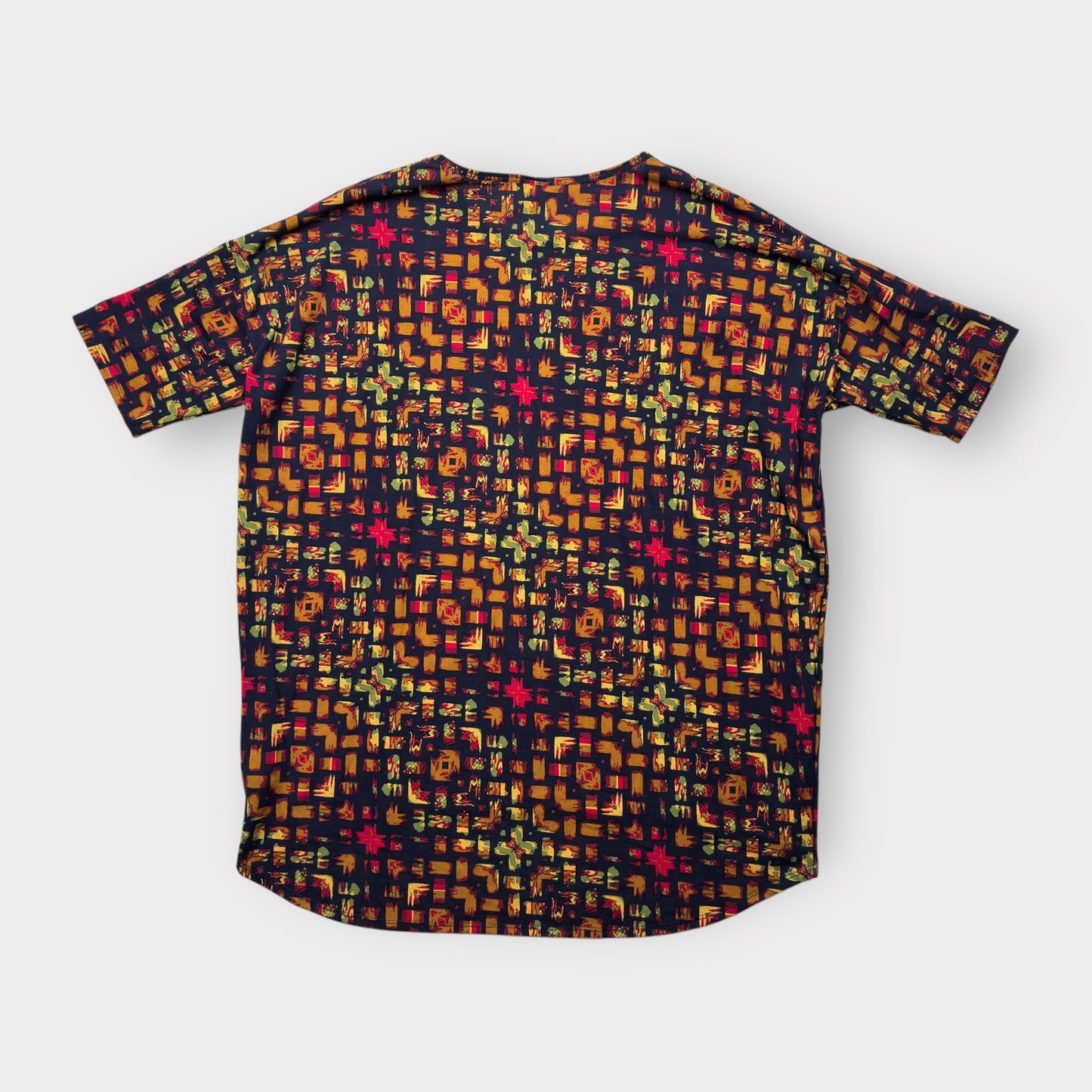 LuLaRoe Irma Tunic Top - Black with Red & Yellow Abstract Grid Print - 2XL (20-22) - Soft Stretch Polyester Spandex - High-Low Hem