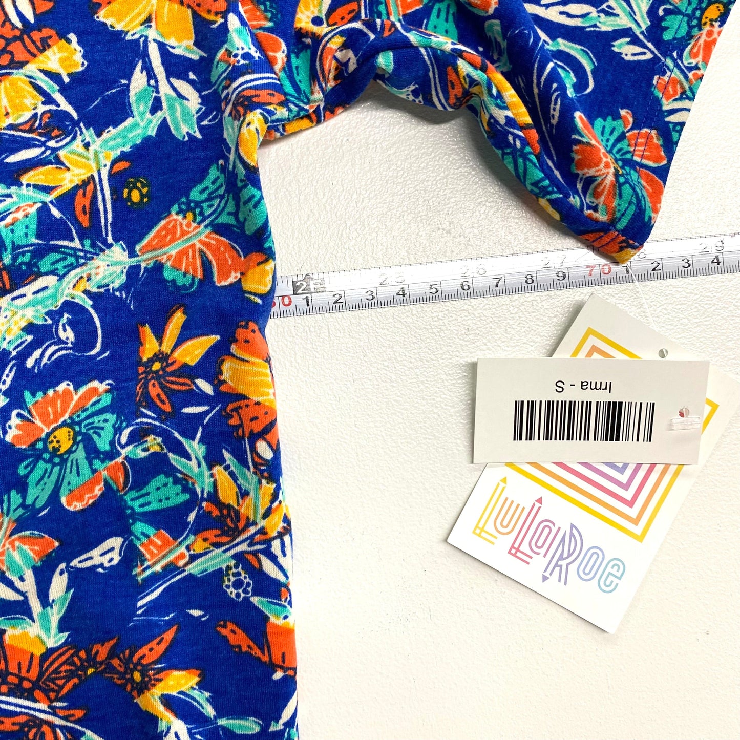 LuLaRoe Womens S Irma Blue/Yellow/orange Chevron/Botanical S/s Tunic Top NWT