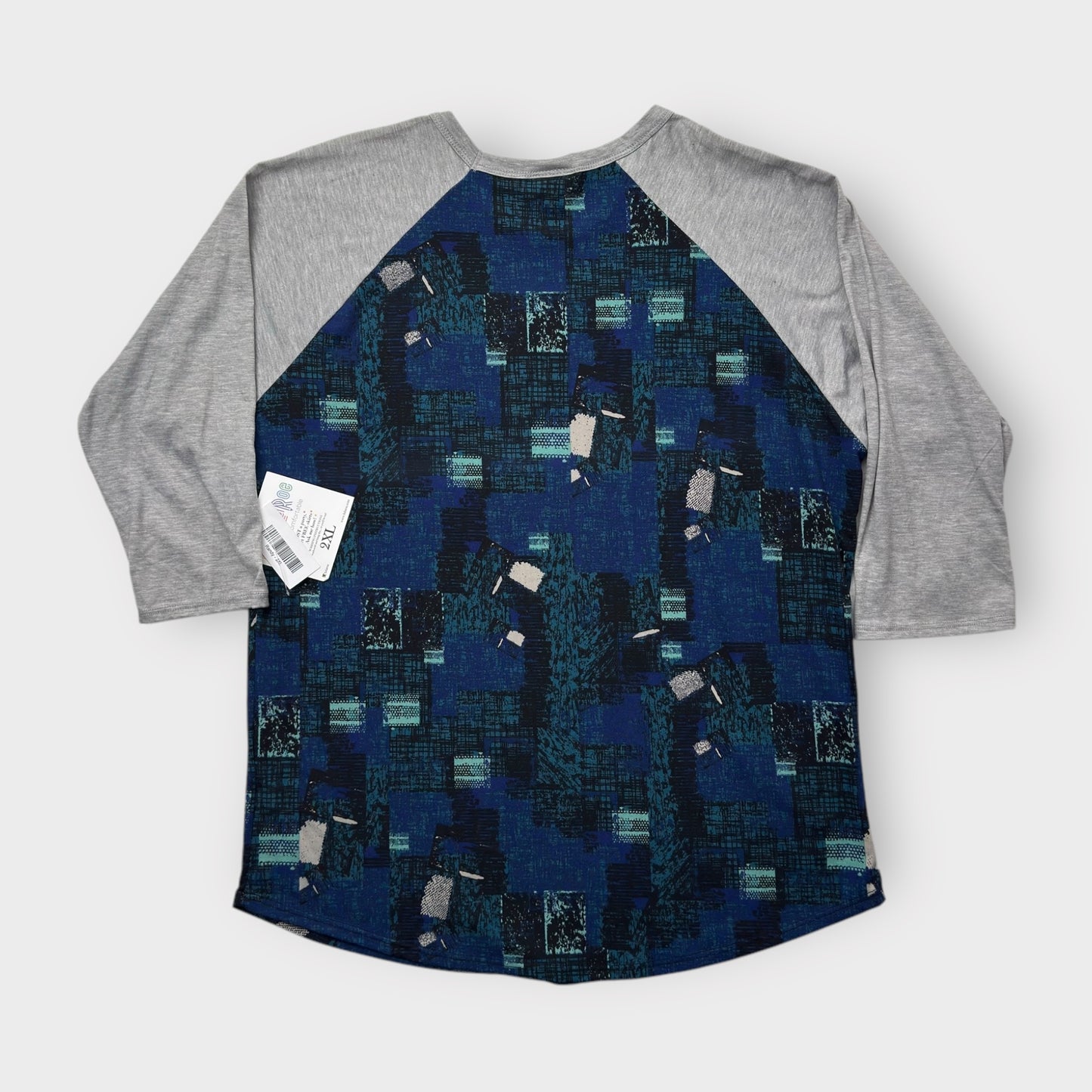 LuLaRoe Randy Baseball Tee 2XL (20-22) - Blue Abstract Geometric Print with Heather Gray Sleeves - Soft Stretch Fabric