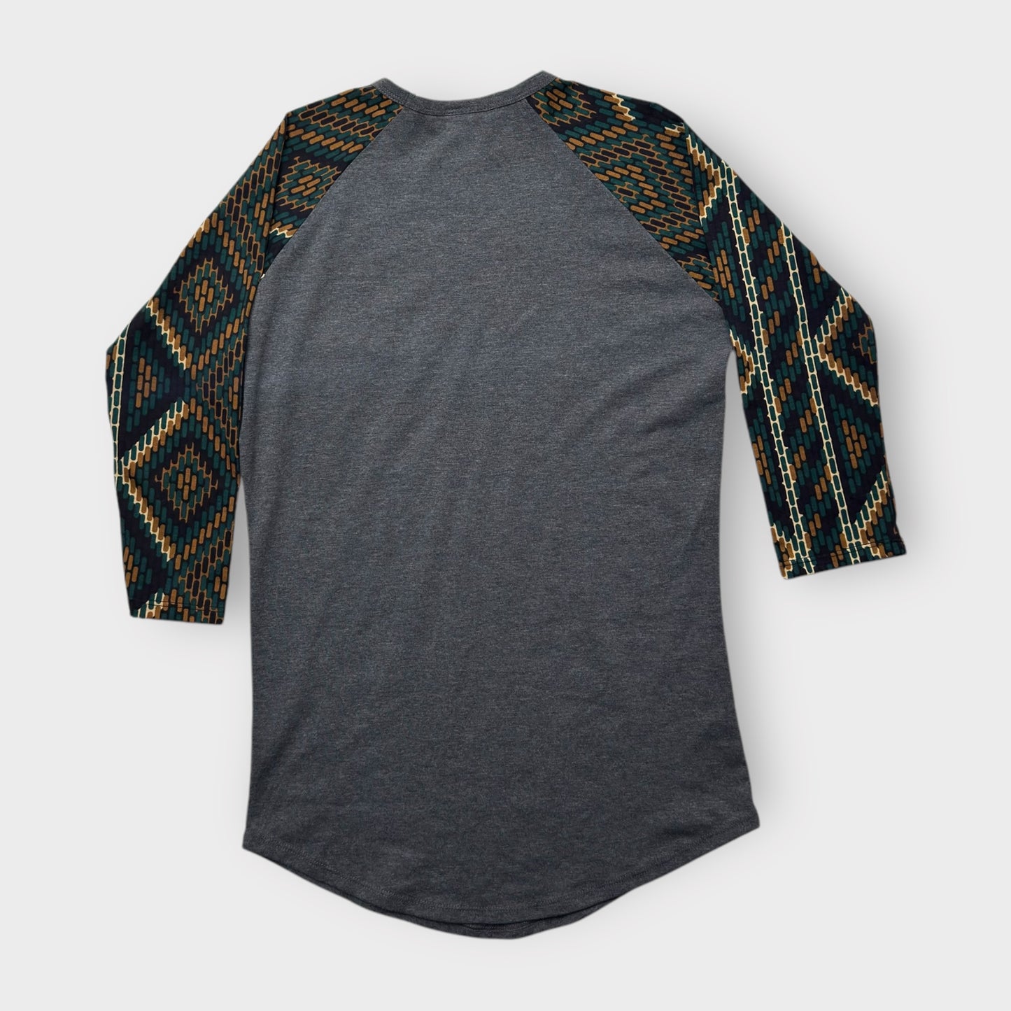 LuLaRoe Randy Raglan Tee XXS (00) - Charcoal Gray with Green/Gold/Black Aztec Geometric Sleeves - Soft Stretch Fabric