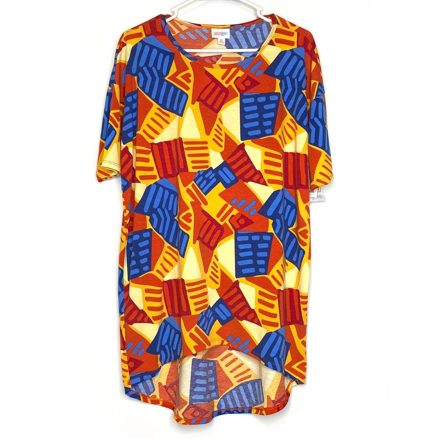 LuLaRoe Womens XS Irma Orange/Red/Blue Abstract S/s Tunic Top NWT