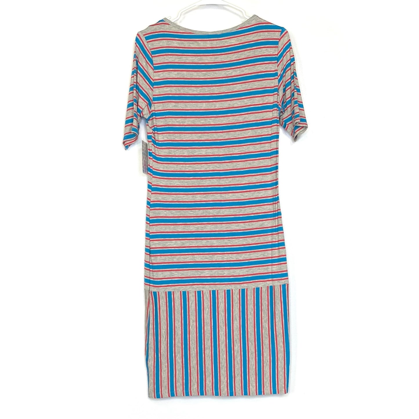 LuLaRoe Womens M Light Gray/Blue/Red Striped Julia Shift Dress Scoop Neck ½ Sleeves NWT