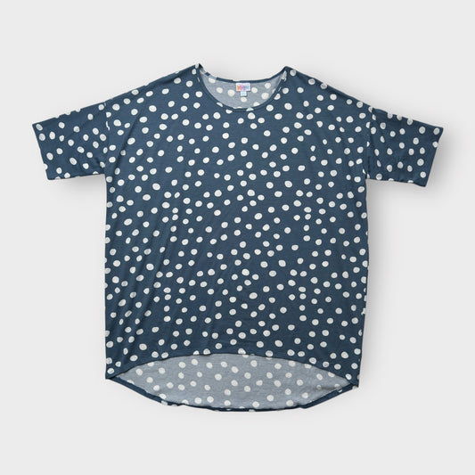 LuLaRoe Irma Tunic Top - Dusty Blue with White Polka Dot Print - 2XL (20-22) - Soft Stretch Polyester Spandex - High-Low Hem