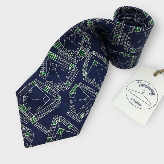 Josh Bach Mens Necktie | Baseball Ballfields | Navy Blue | EUC