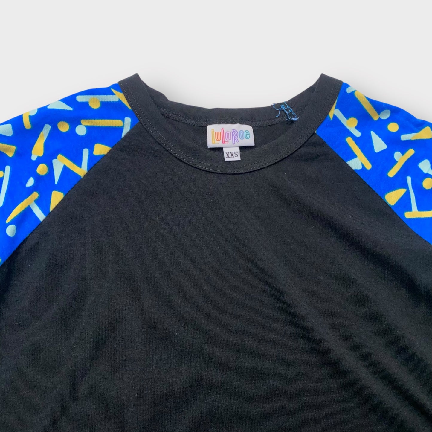 LuLaRoe Randy Tee XXS (00) - Black with Blue & Yellow Abstract Print Sleeves - Soft Stretch Fabric