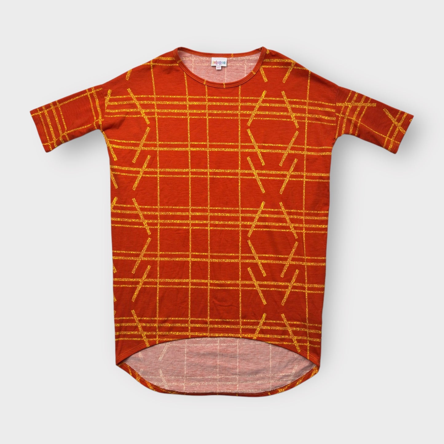 LuLaRoe Irma Tunic Top - Rust Orange & Yellow Geometric Plaid - XXS (00) - Soft Stretch Knit - High-Low Hem