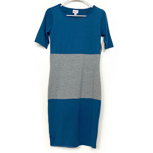 LuLaRoe Womens XS Blue/Gray Colorblock Julia Shift Dress Scoop Neck ½ Sleeves NWT