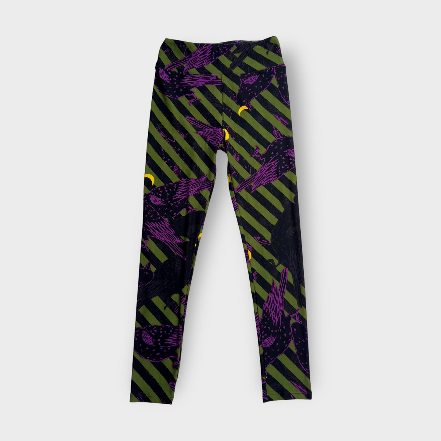 LuLaRoe Halloween Leggings | OS (2-10) | Green/Black Striped w/Crows | Stretchy & Soft | New