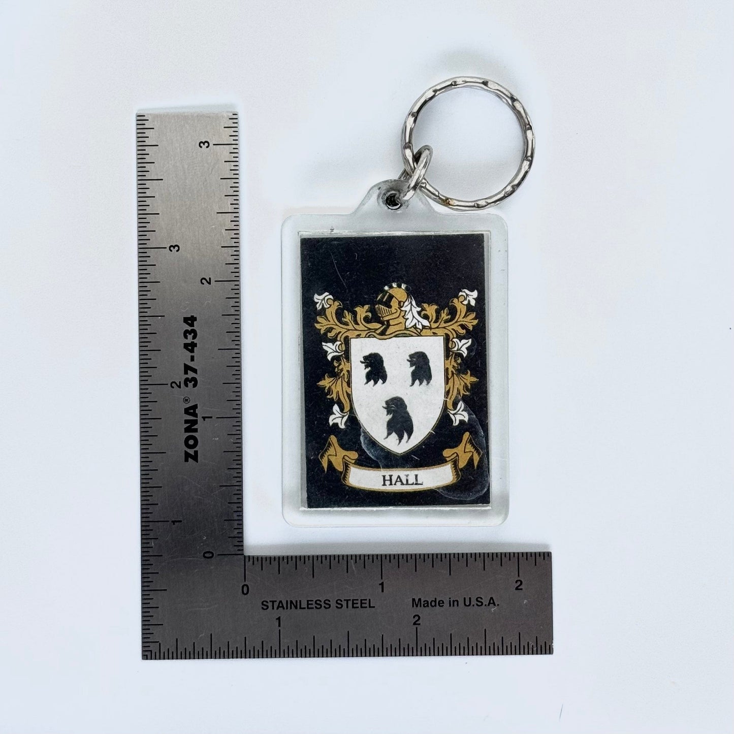 ‘Hall Family Crest’ Key Ring Rectangle Clear Acrylic, Good Condition