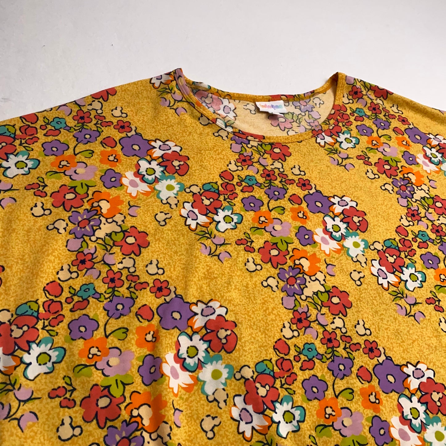 LuLaRoe Disney Irma Tunic Top | 2XL (22-24) | Yellow Floral Hidden Mickey | S/s | NWT