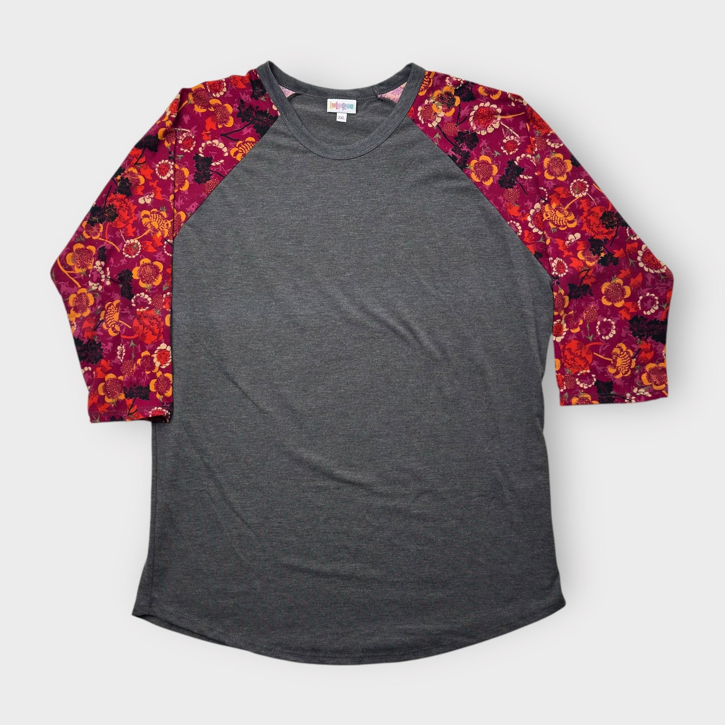 LuLaRoe Randy Raglan T-Shirt 2XL (20-22) - Charcoal Gray with Red/Yellow Floral Sleeves - Soft Stretch Fabric