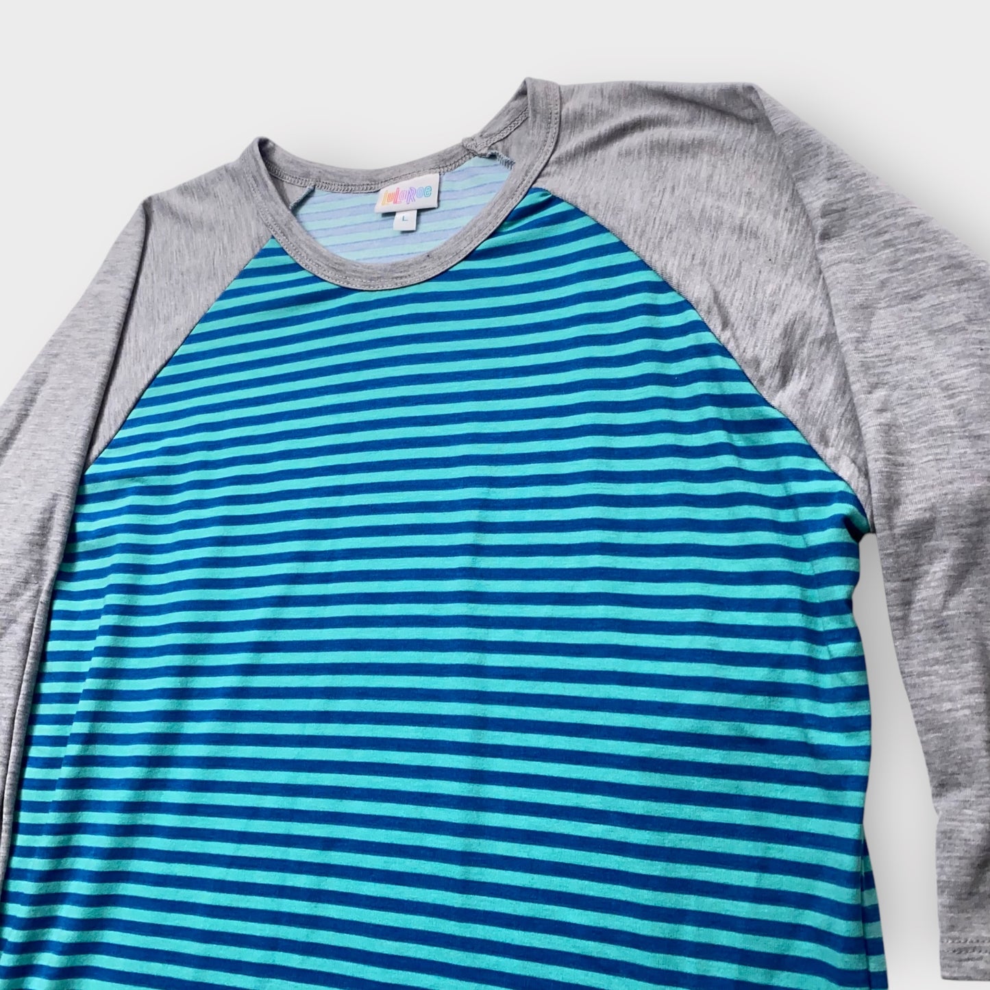 LuLaRoe Randy Baseball Tee L (12-14) - Teal/Navy Striped with Heather Gray Sleeves - Soft Stretch Fabric