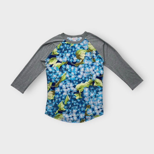 LuLaRoe Randy Tee XS (0-2) - Blue & Green Hydrangea Floral Print with Gray Raglan Sleeves - Soft Stretch Fabric