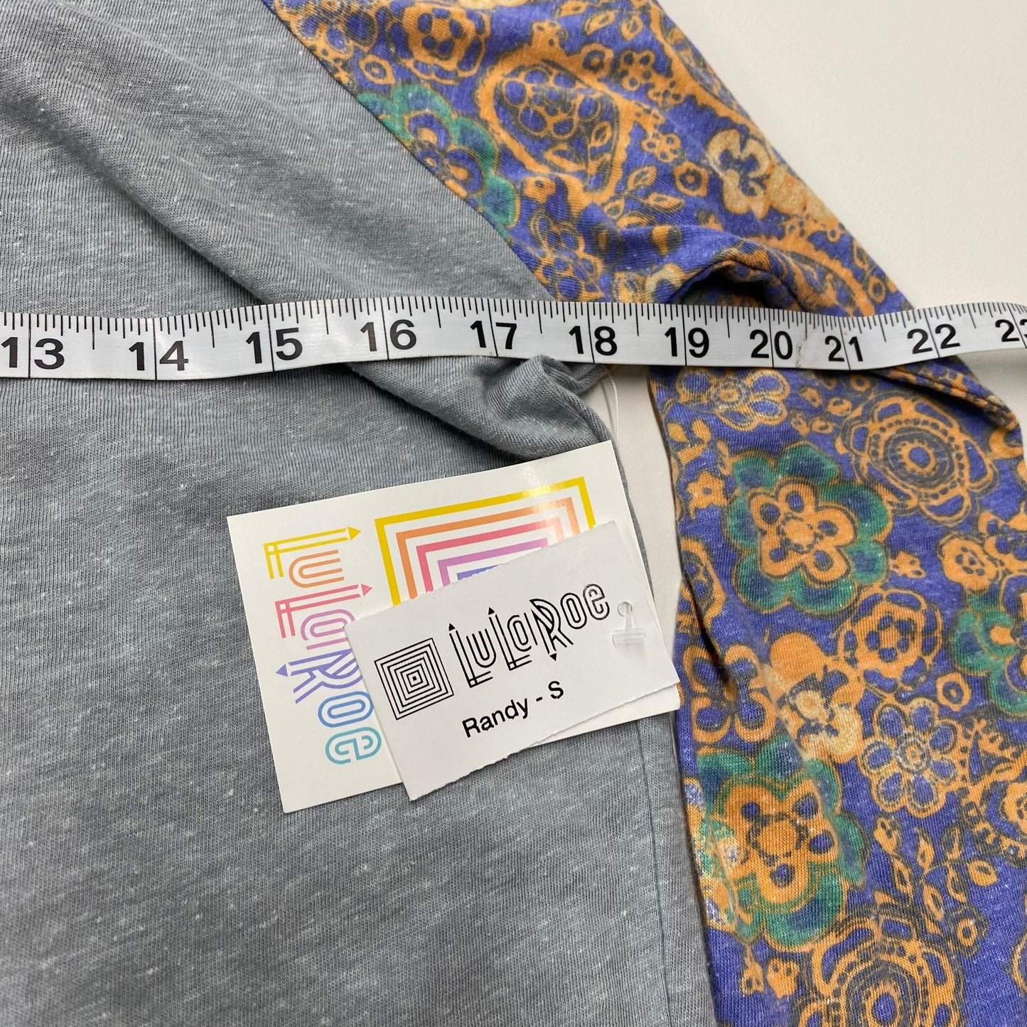 LuLaRoe Unisex S Gray/Orange/Blue Randy Floral Raglan Top ¾ Sleeves NWT