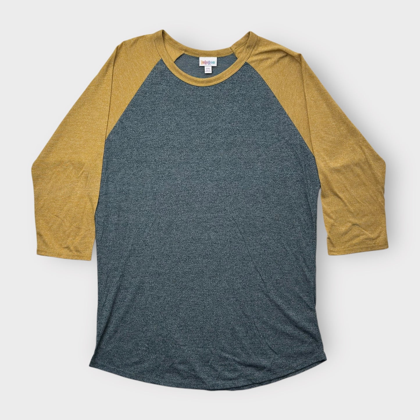 LuLaRoe Randy Baseball Tee 2XL (20-22) - Heathered Charcoal Gray with Mustard Yellow Sleeves - Soft Stretch Fabric