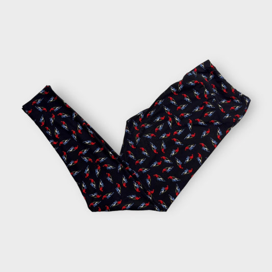 LuLaRoe Womens Leggings | TC (12-18) | Black with Red and Blue Bird Print | Soft & Stretchy | New