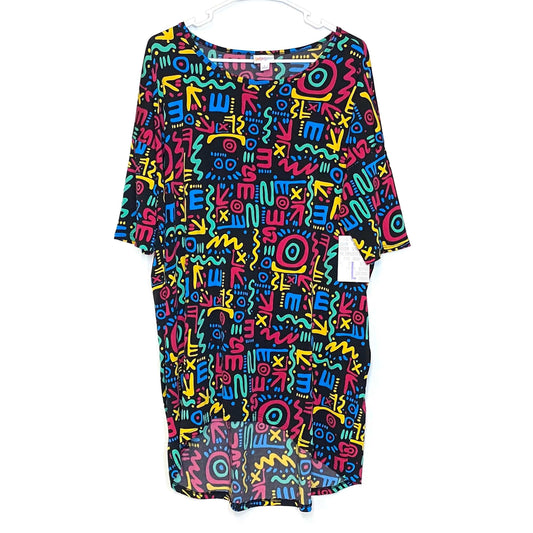 LuLaRoe Womens L Irma Multicolor/Black Graffiti Pattern S/s Tunic Top NWT