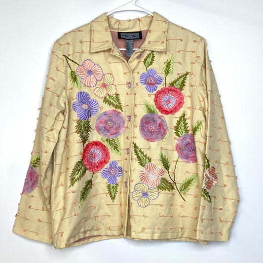 Beautiful Indigo Moon Womens Embroidered & Embellished Button-Up Jacket Size Medium Floral Yellow