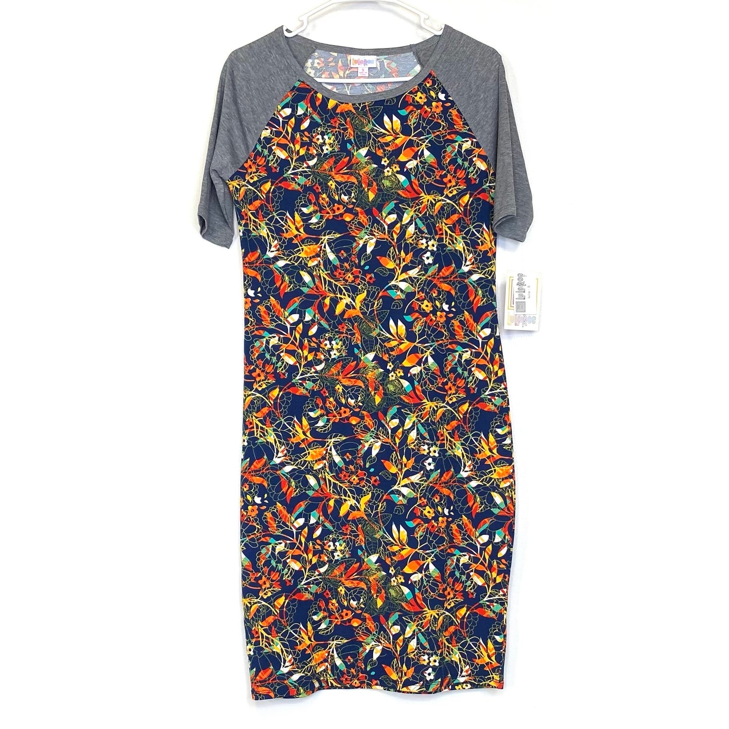 LuLaRoe Womens S Gray/Blue/Orange Abstract-Floral Julia Shift Dress Scoop Neck ½ Sleeves NWT