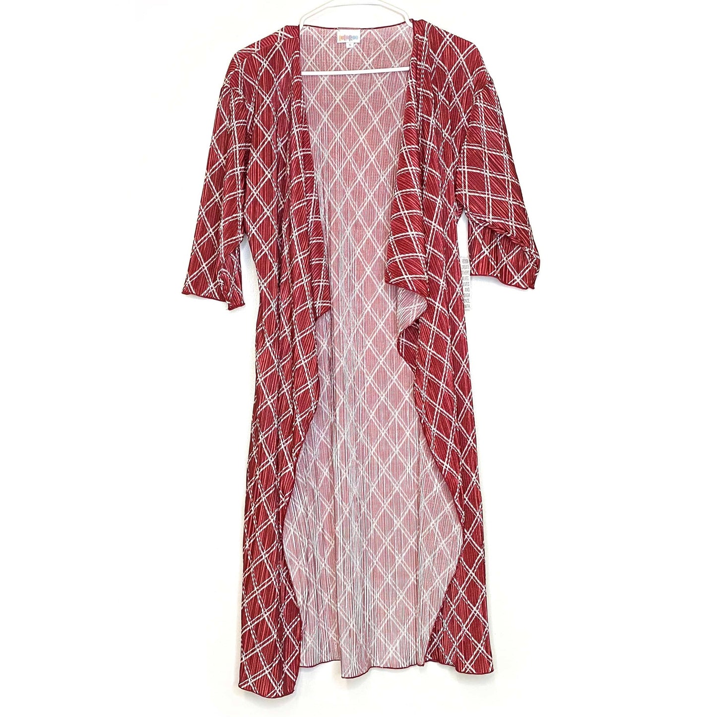 LuLaRoe Womens Size S Brick Red/White Accordion Windowpane Check Kimono Cover Up L/s NWT