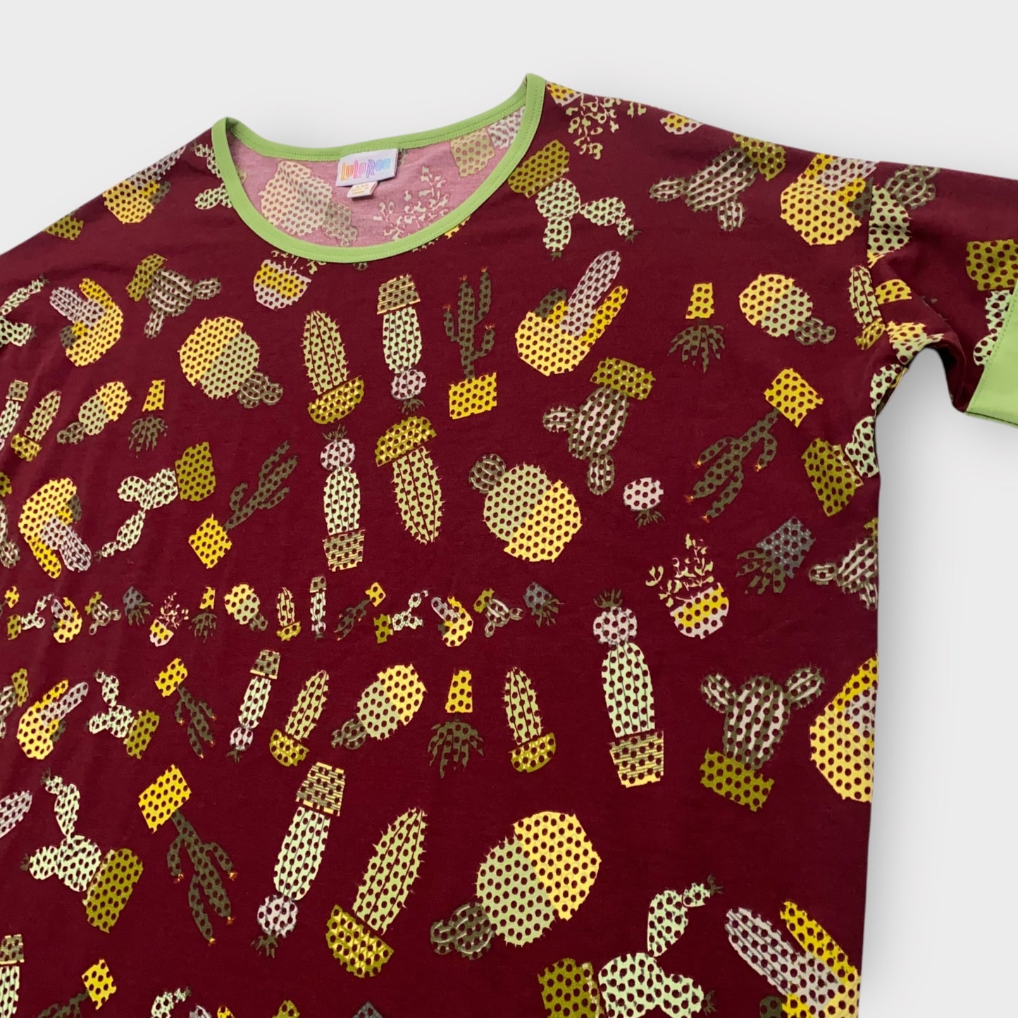 LuLaRoe Irma Tunic Top - Burgundy Cactus Print with Green Trim - XXS (00) - Soft Stretch Knit - High-Low Hem