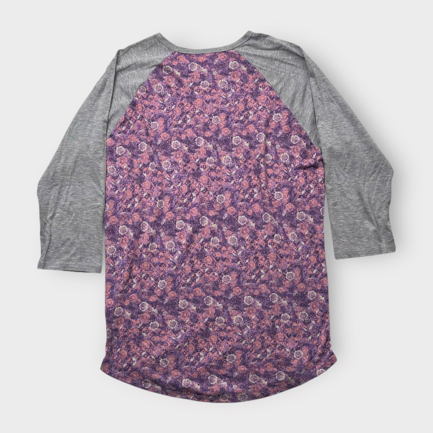 LuLaRoe Randy Baseball Tee - M (8-10) - Purple & Pink Floral Paisley Print - Heather Gray Sleeves