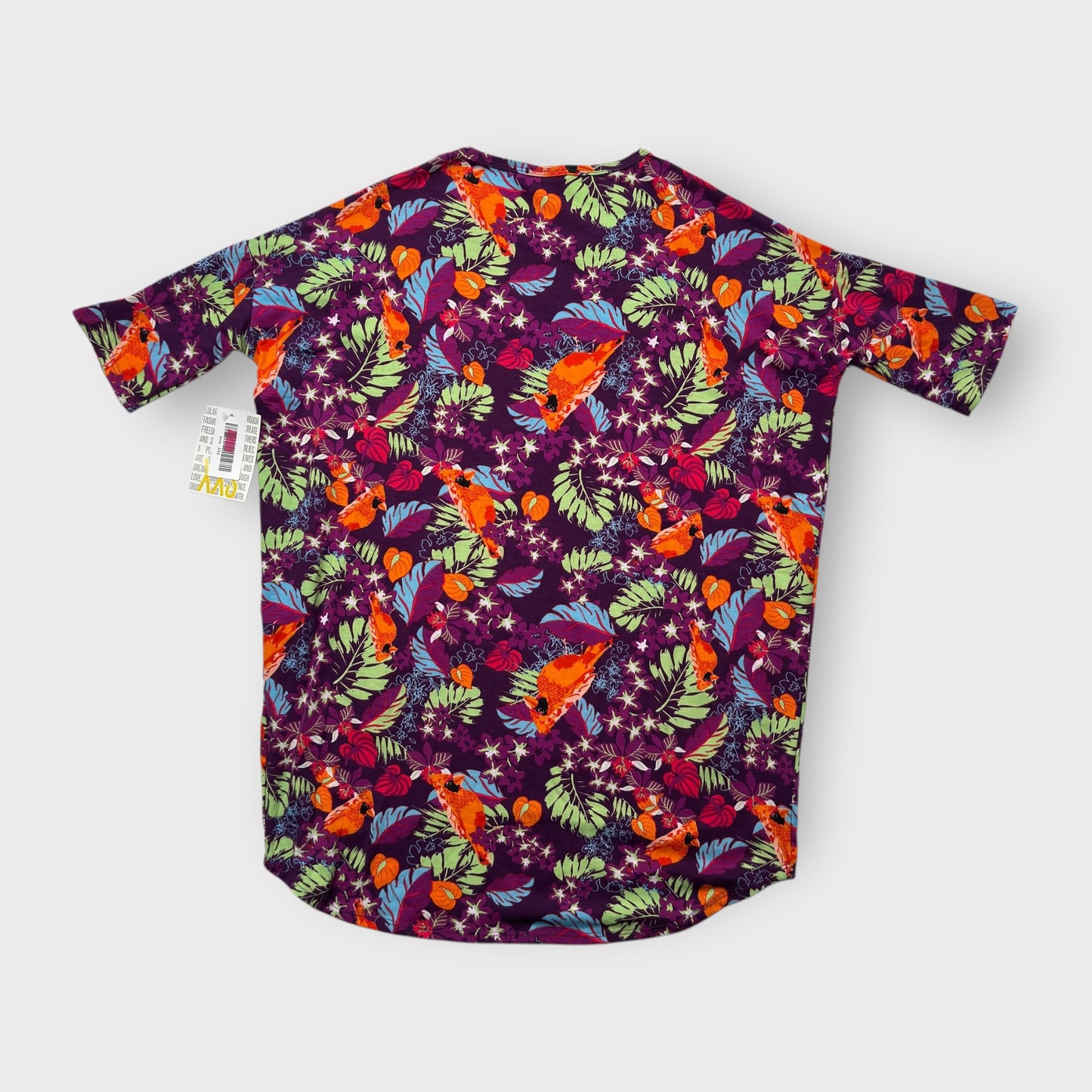 LuLaRoe Irma Tunic Top - Purple with Tropical Leaves & Orange Cardinal Bird Print - XXS (00) - Soft Stretch Polyester Spandex - High-Low Hem