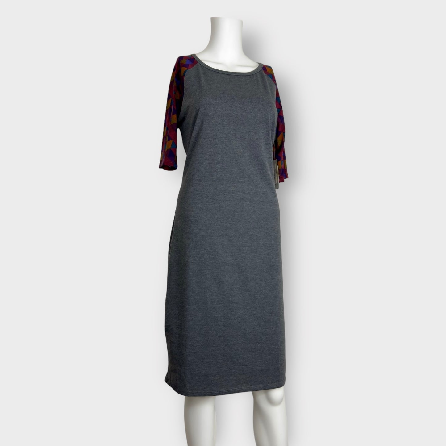 LuLaRoe Julia S/s Bodycon Dress | L (12-14) | Gray/Multicolor Colorblock/Geometric | NWT