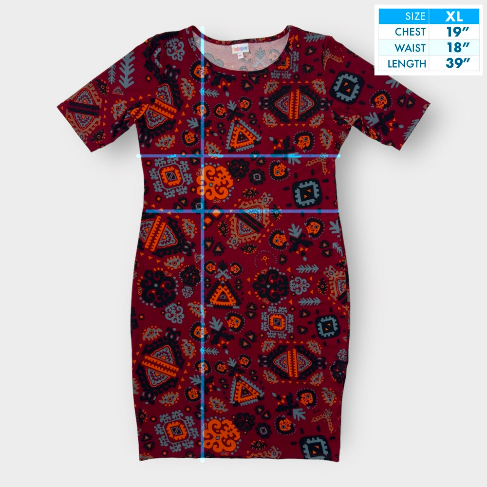 LuLaRoe Julia S/s Bodycon Dress | XL (16-18) | Red/Orange Tribal Print | NW