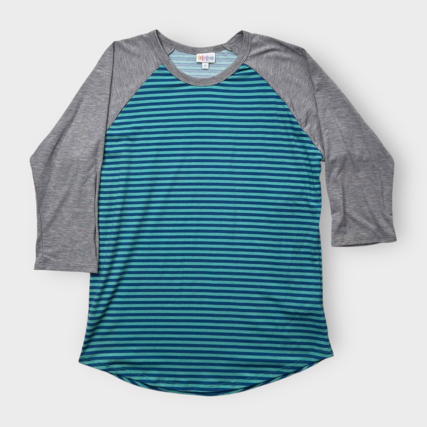 LuLaRoe Randy Baseball Tee L (12-14) - Teal/Navy Striped with Heather Gray Sleeves - Soft Stretch Fabric