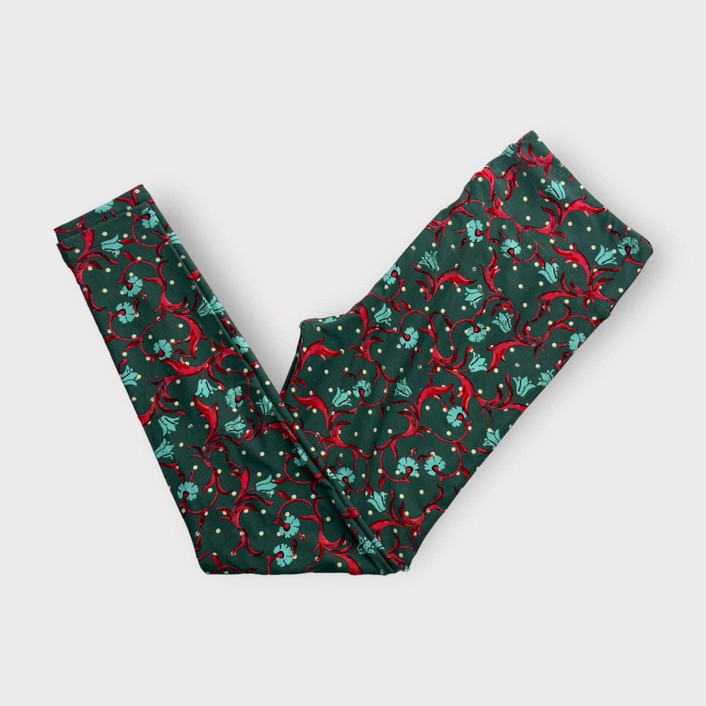 LuLaRoe Print Leggings | TC (12-18) | Green/Red Floral/Botanical | New