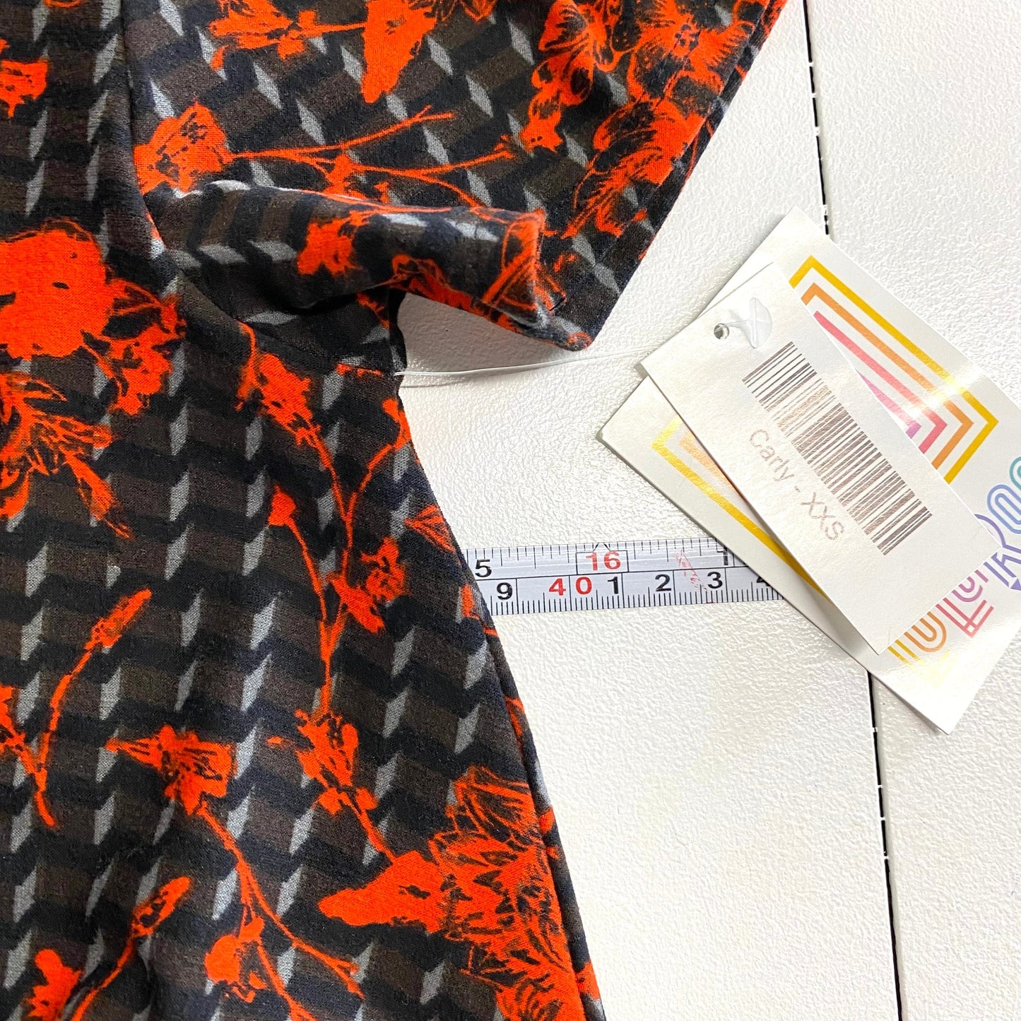 LuLaRoe Womens XXS Black/Orange/Gray Floral/Geometric 'Carly' S/s Swing Dress NWT