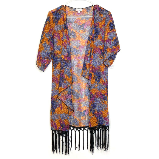 LuLaRoe Womens Size S (0-12) Orange/Purple/Black Chevron/Floral ‘Monroe’ Kimono Fringe Cover-Up NWT