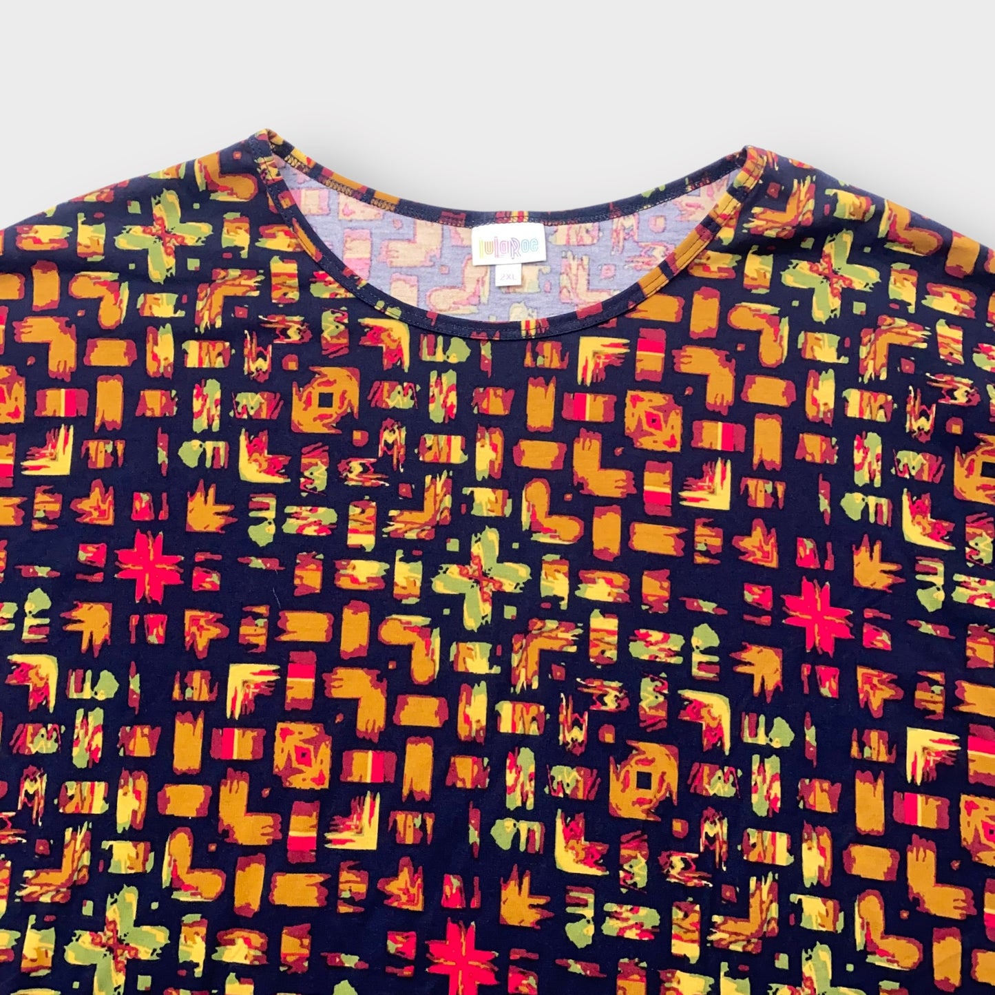 LuLaRoe Irma Tunic Top - Black with Red & Yellow Abstract Grid Print - 2XL (20-22) - Soft Stretch Polyester Spandex - High-Low Hem