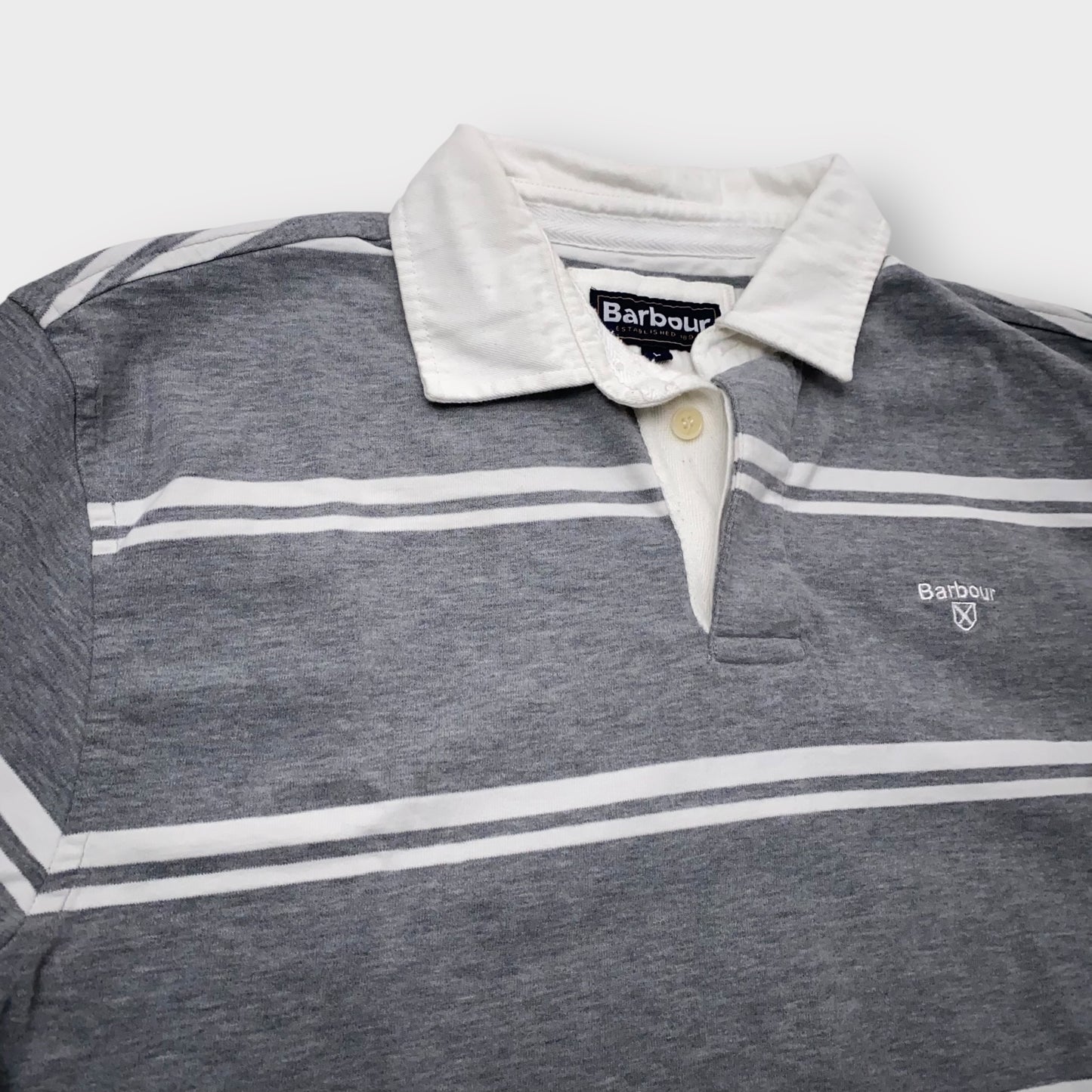 Barbour Men's Gray & White Striped 100% Cotton Short Sleeve Polo Golf Shirt - Size M - Pre-Owned