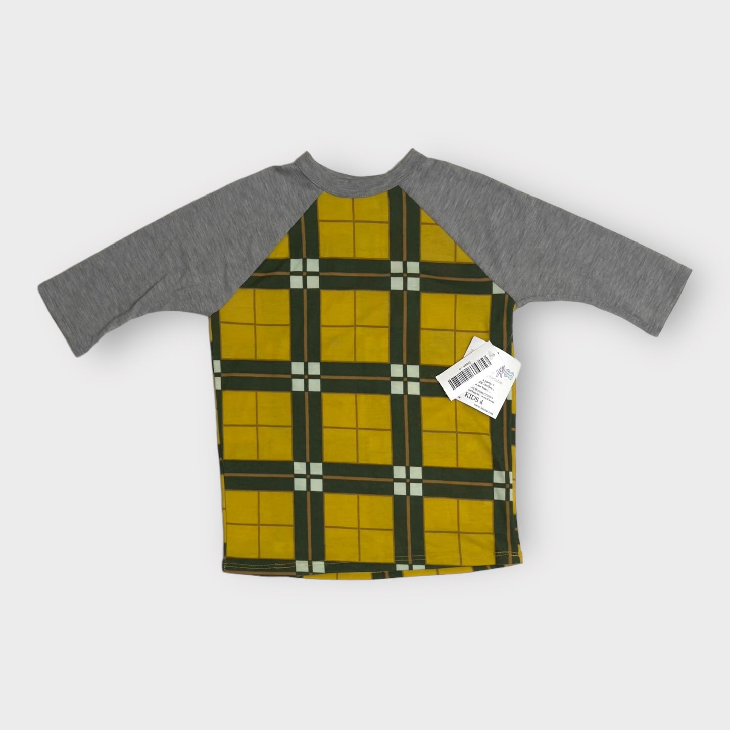 Kids | LuLaRoe Sloan Top | 4 (3-4) | Gray/Yellow Plaid | 3/4 Raglan Sleeves | NWT