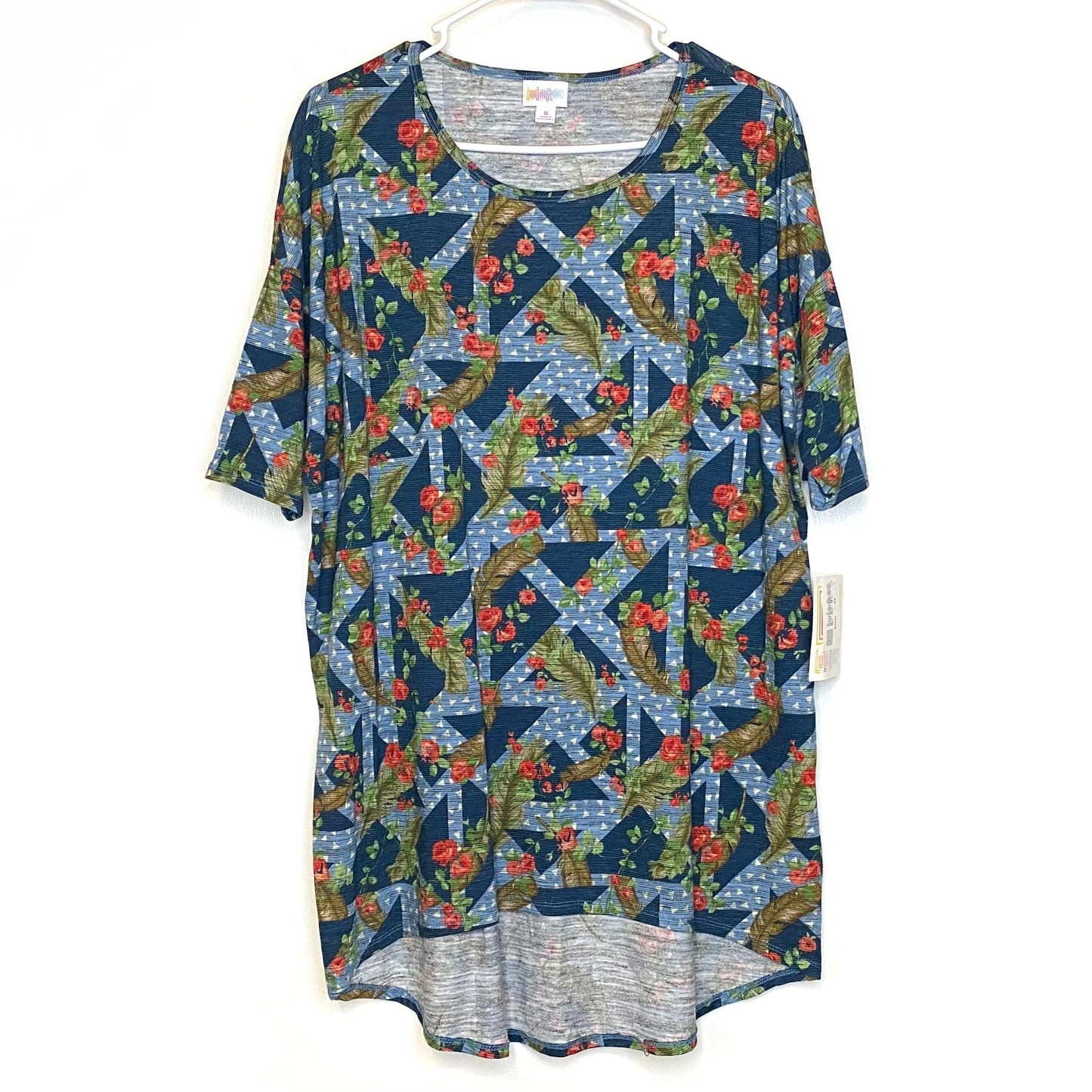 LuLaRoe Womens M Irma Blue Floral/Triangles Pattern S/s Tunic Top NWT