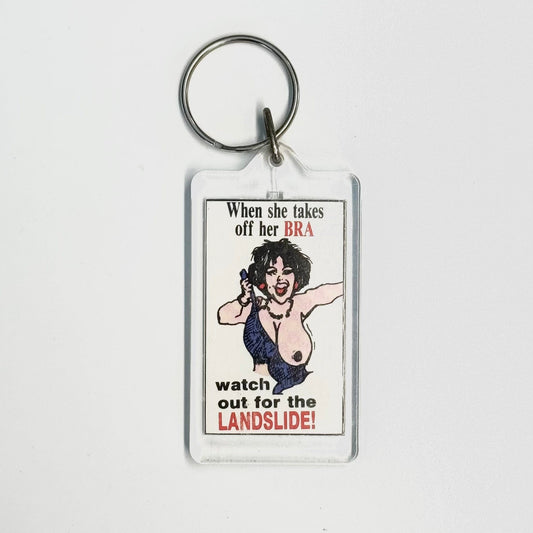 Vintage Novelty Adult Humor ‘When She Takes Off Her BRA’ Keychain Key Ring Rectangle Clear Acrylic, good conditiono