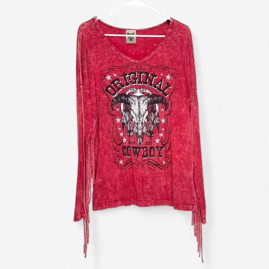 Vocal Women's Red Acid-Washed Jeweled Fringe Long Sleeve T-Shirt - Size XL