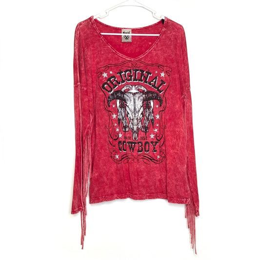 Vocal Womens Size XL Red Acid Washed Jeweled Fringe T-Shirt L/s EUC