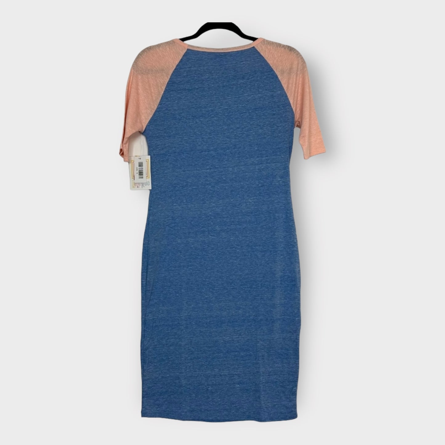 LuLaRoe Julia Bodycon Dress | S (4-6) | Blue/Peach | Colorblock/Raglan | NWT