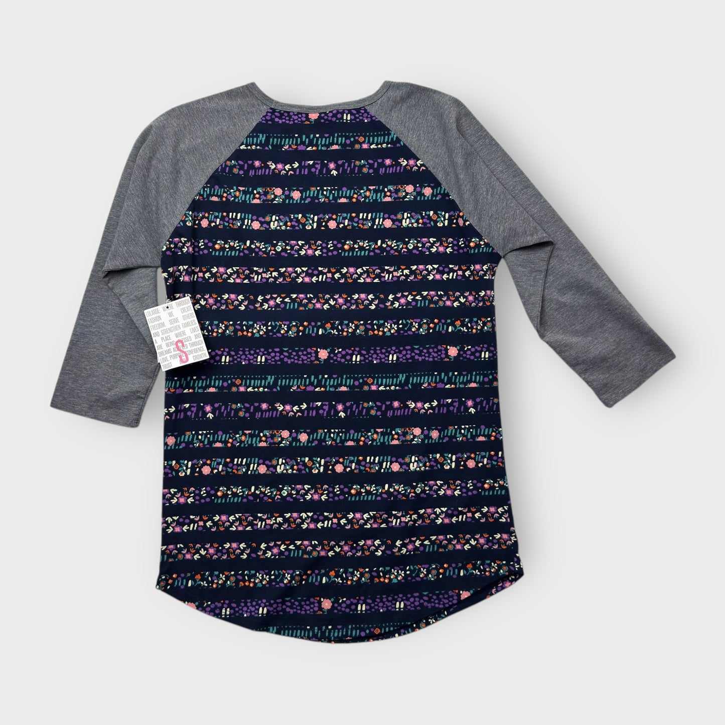 LuLaRoe Randy Tee S (4-6) - Navy and Multicolor Floral Striped Print with Gray Raglan Sleeves - Soft Stretch Polyester Spandex