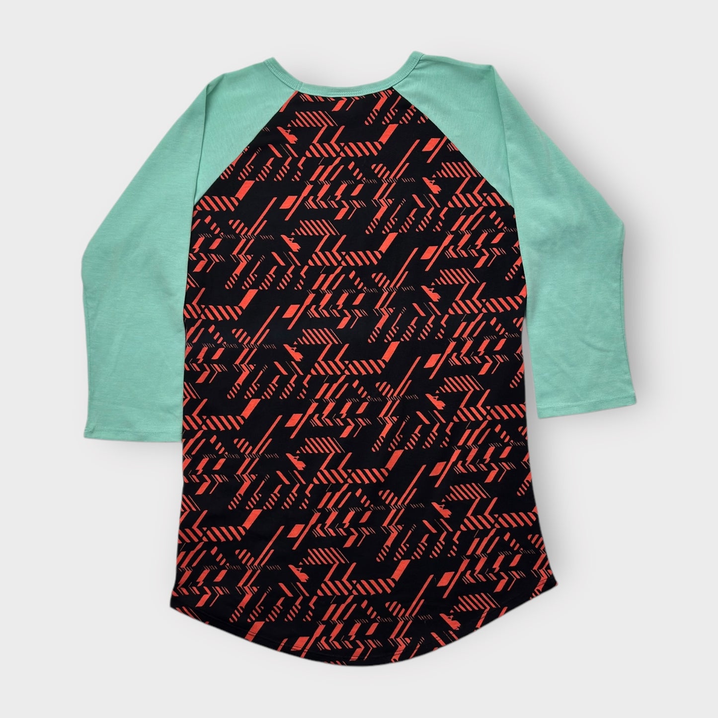 LuLaRoe Randy Raglan Tee XS (0-2) - Black/Red Geometric Abstract Print with Mint Green Sleeves - Soft Stretch Fabric